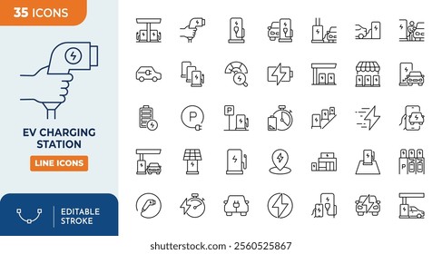 Car charging station icon set. Ev charging stations icon set. Contains such icons as EV, electric socket station, car plugged to charge, battery, technology concept. vector illustration.