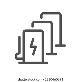 Car charging station related icon outline and linear vector.