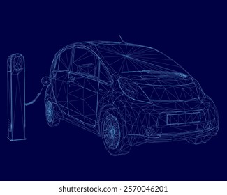 Car is charging at a charging station. The car is a small electric car. The image is in blue