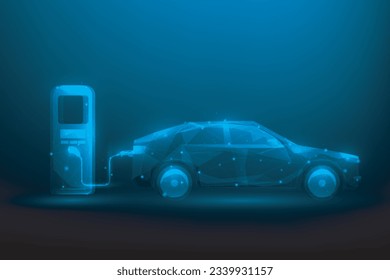 car charging station technology digital background. Electric Vehicle concept. ev car low poly wireframe. vector illustration fantastic technology design.