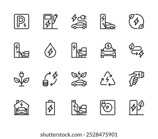 Car charging station vector linear icons set. Contains such icons as parking, car charger, charging icon, car, auto and more. Isolated Car charging related icons collection on white background.