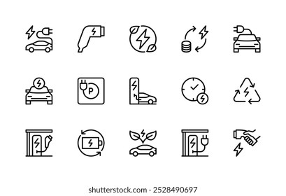 Car charging station vector linear icons set. Isolated icon collection such as car, charging icon, plug, cable, fast charging and more. Isolated icon collection of car charging station related.