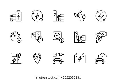 Iconos lineales del Vector de la estación de carga del coche fijados. Colección aislada del icono tal como coche, batería, energía verde, vehículo eléctrico y más. Colección aislada del icono de la estación de carga del coche relacionada.