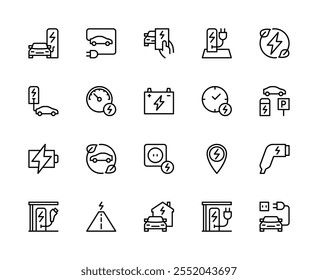 Iconos lineales del Vector de la estación de carga del coche fijados. Contiene iconos tales como coche, vehículo eléctrico, icono de carga, batería, carretera y más. Colección de iconos relacionados con la carga del coche aislado en el fondo blanco.