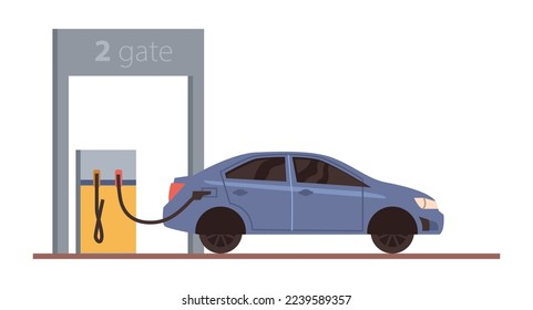 Car charging tank with fuel from gas station, buying petroleum from company. Vehicle maintenance and charge or filling with oil.Vector in flat style