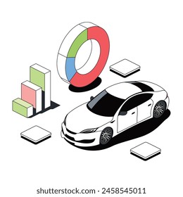 Car, charts. Vector 3d line isometric, color web icons, new flat style. Creative design idea for infographics.