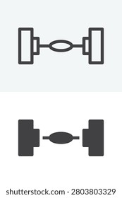 Car chassis line outline and solid icon set with axle frame detail, editable stroke vector sign and symbol. Chassis icon for vehicle structure.