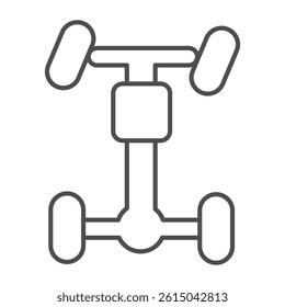 Car chassis with wheels thin line icon, car service concept. Vector graphics. Chassis repair and balancing sign on white background, outline style icon for mobile or web design