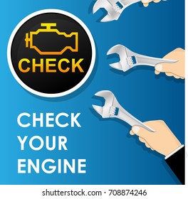 Car Check Engine Light Indicator With Wrench Spanner For Repair Maintenance Garage Auto Service Sign Icon Logo Symbol