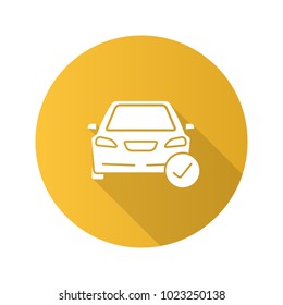 Car with check mark flat design long shadow glyph icon. Total automobile check. Vector silhouette illustration