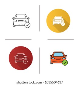 Car with check mark icon. Flat design, linear and color styles. Total automobile check. Isolated vector illustrations