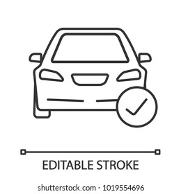 Car with check mark linear icon. Total automobile check. Thin line illustration. Contour symbol. Vector isolated outline drawing. Editable stroke