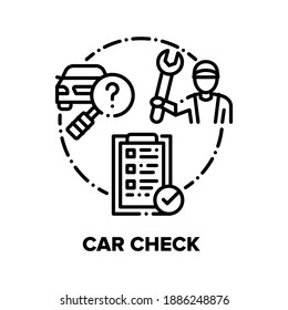 Car Check Repair Service Vector Icon Concept. Repairman Check Automobile Technical Condition, Researching And Inspecting Vehicle Engine And Fixing Broken Details Black Illustration