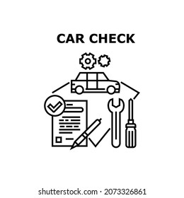 Car Check Tool Vector Icon Concept. Wrench And Screwdriver Car Check Tool And Repair In Garage. Maintenance Service Checklist For Checking And Repairing Automobile Black Illustration