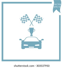 Car with checkered flag and trophy