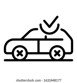 Car and checkmark icon. Outline car and checkmark vector icon for web design isolated on white background