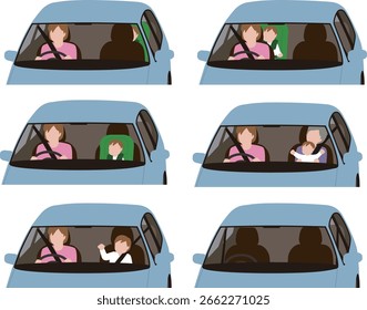 A car with a child in it, driven by a parent. Illustration of a child car seat, car seat, etc.