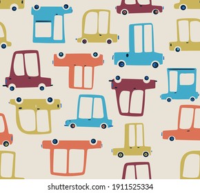 Car childish seamless pattern and colorful cars isolated on beige background. Hand drawn vector illustration. 