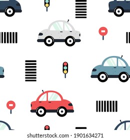 Car childish seamless pattern with traffic lights, crosswalks and colorful cars isolated on white background. Hand drawn vector illustration.
