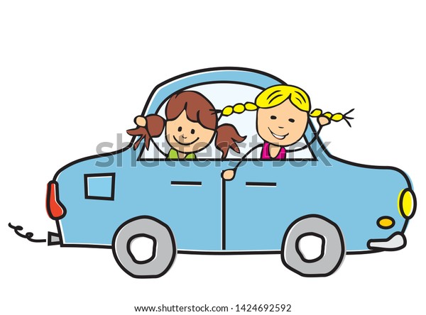 Car Children Two Girls Ride Car Stock Vector (Royalty Free) 1424692592 ...