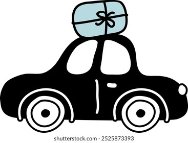 Car With Christmas Gift Doodle Vector Illustration