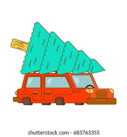 Car and Christmas tree. auto and spruce. New Year illustration. Christmas card
