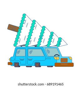 Car and Christmas tree. auto and spruce. New Year illustration. Christmas card