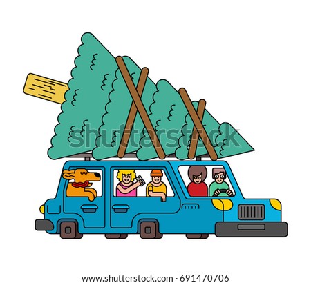 Car and Christmas tree. auto and spruce. New Year illustration. Christmas card