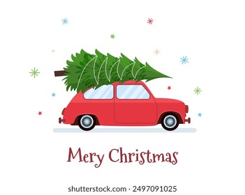 Car with Christmas tree. Automobile carrying special Xmas delivery. Festive holiday greeting card, postcard design element. Vector illustration in flat style