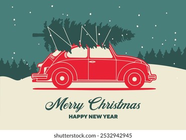 Coche con árbol de Navidad. Automóvil que lleva entrega especial de Navidad. Tarjeta de felicitación festiva de vacaciones, elemento de diseño de postal. Ilustración vectorial en estilo plano