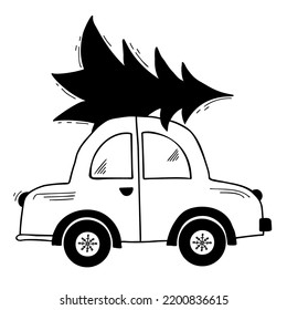 Car with christmas tree. Cute winter transport. Vector hand drawn doodle for christmas and New Year decor, cards, colorize picture.