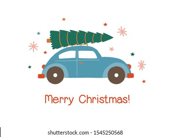 Car with Christmas tree flat vector illustration. Automobile carrying special Xmas delivery isolated on white background. Winter holiday market. Festive holiday greeting card, postcard design element.