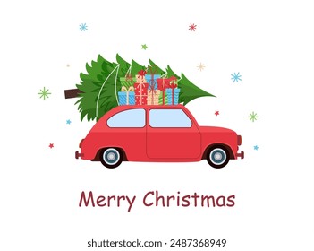 Car with Christmas tree and gift boxes. Automobile carrying special Xmas delivery. Festive holiday greeting card, postcard design element. Vector illustration in flat style