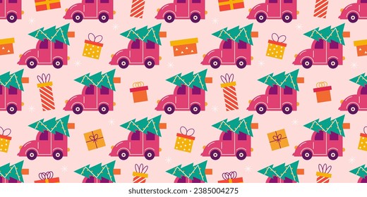 Car with Christmas tree, gifts and snowflakes. Vector seamless pattern, festive background.