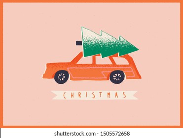 Car with Christmas tree greeting card or poster.