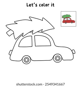 Car with christmas tree holiday coloring page for kids. Car with christmas tree holiday winter season illustration. Christmas holiday worksheets printable.