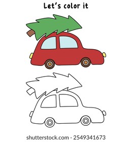 Car with christmas tree holiday coloring page for kids. Car with christmas tree holiday winter season illustration. Christmas holiday worksheets printable.