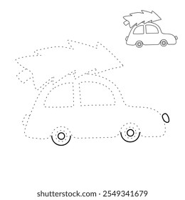 Car with christmas tree holiday coloring page for kids. Car with christmas tree holiday winter season illustration. Christmas holiday worksheets printable.