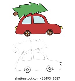 Car with christmas tree holiday coloring page for kids. Car with christmas tree holiday winter season illustration. Christmas holiday worksheets printable.