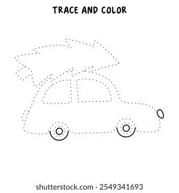 Car with christmas tree holiday coloring page for kids. Car with christmas tree holiday winter season illustration. Christmas holiday worksheets printable.