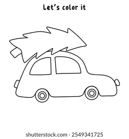 Car with christmas tree holiday coloring page for kids. Car with christmas tree holiday winter season illustration. Christmas holiday worksheets printable.