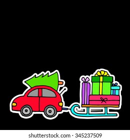 car christmas tree holiday gift illustration vector winter red xmas year new