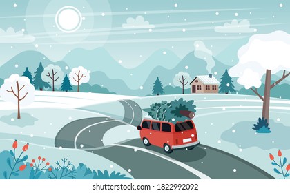 Car With Christmas Tree On The Road. Cute Winter Landscape. Vector Illustration In Flat Style