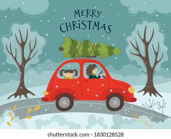 Car with christmas tree on the road. Winter landscape. Vector illustration, card, poster in flat style