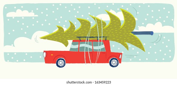 Car With A Christmas Tree On The Roof