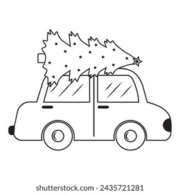 Car with a Christmas tree on the roof, black outline, doodle style, isolated on a white background