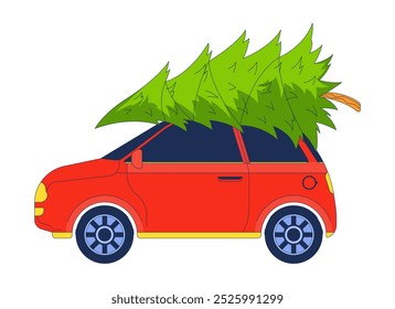 Car with Christmas tree on roof 2D cartoon object. Evergreen coniferous pine tied to vehicle. Automobile xmas tree isolated element flat vector clipart on white background. Spot illustration