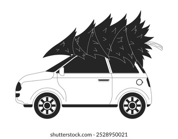 Car with Christmas tree on roof black and white 2D line object. Evergreen coniferous pine tied to vehicle. Automobile xmas tree isolated clip art vector outline item. Monochromatic spot illustration