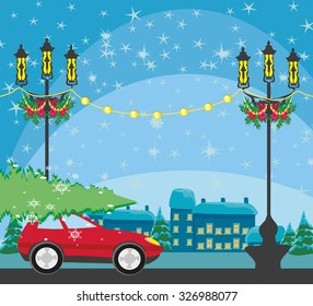 Car with a christmas tree on the roof 