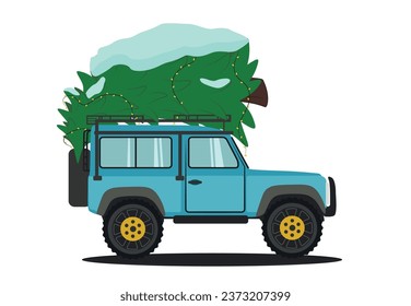 Car with Christmas tree on white background